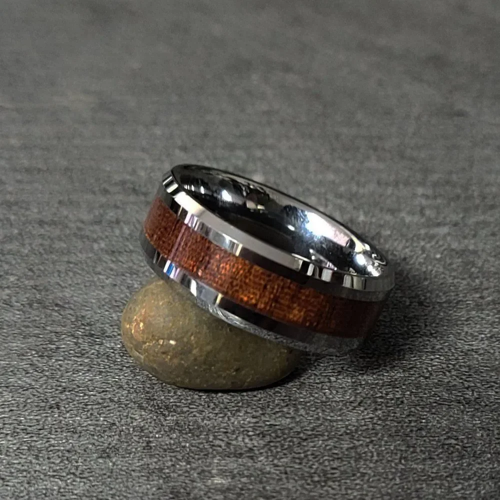 Men's Real Silver Tungsten Wedding Ring Whiskey Barrel Wood Inlay